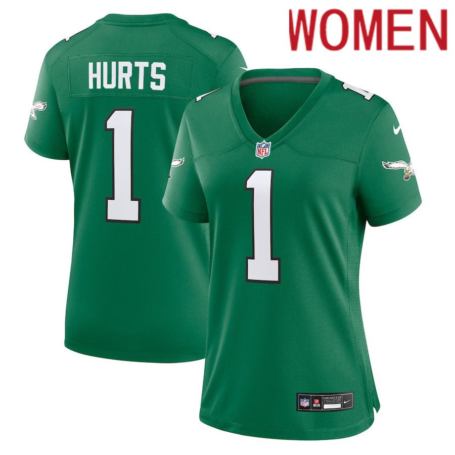 Women Philadelphia Eagles 1 Jalen Hurts Nike Kelly Green Alternate Game Player NFL Jersey